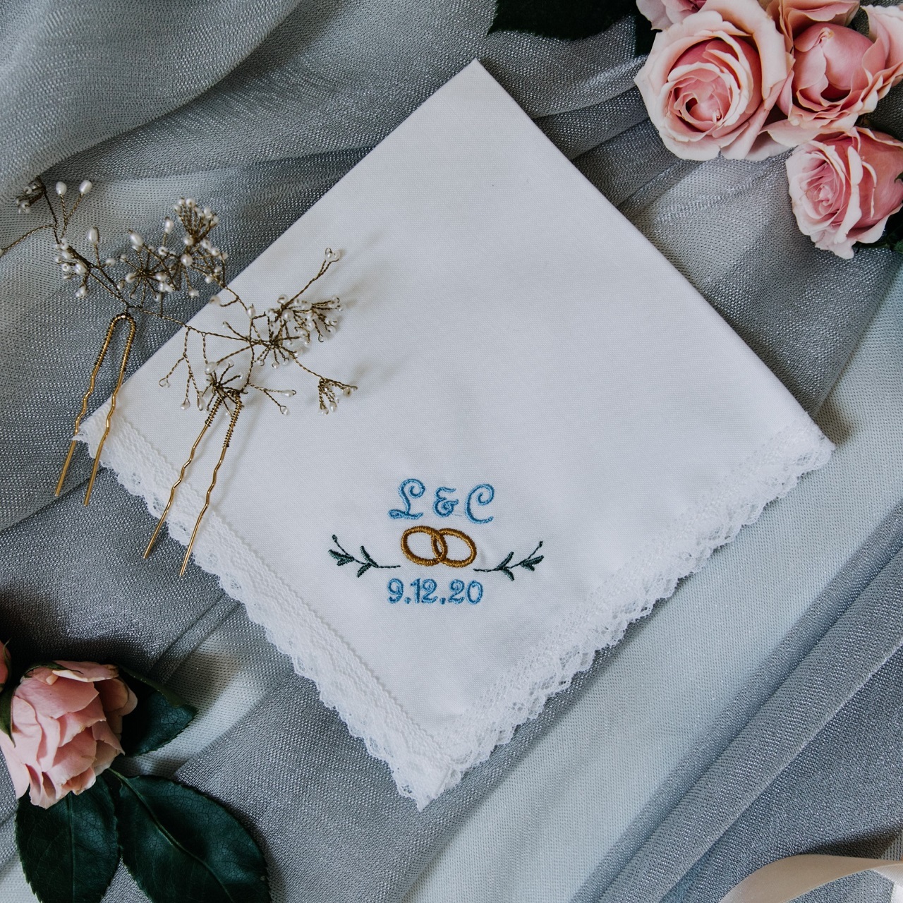 Something Blue Handkerchief {Rings of Love} White lace handkerchief embroidered with powder blue thread. Initials, florals on wedding rings embroidery.